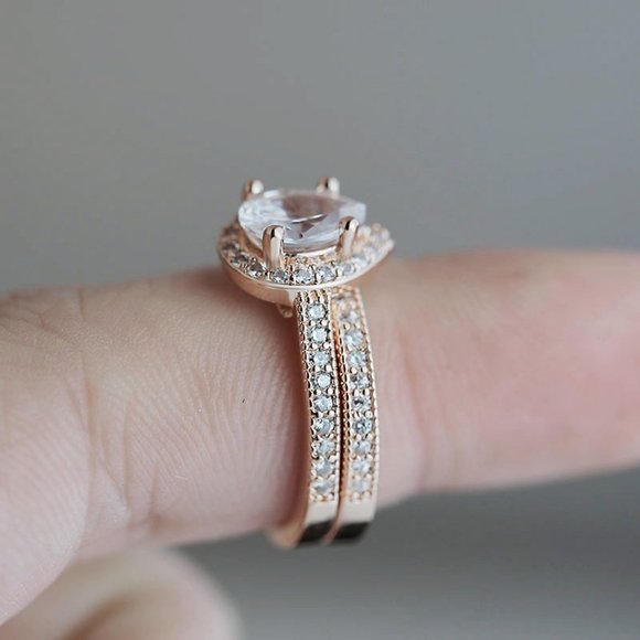 18K Rose Gold Diamond Halo Teardrop Ring Set  R - Picture 5 of 5